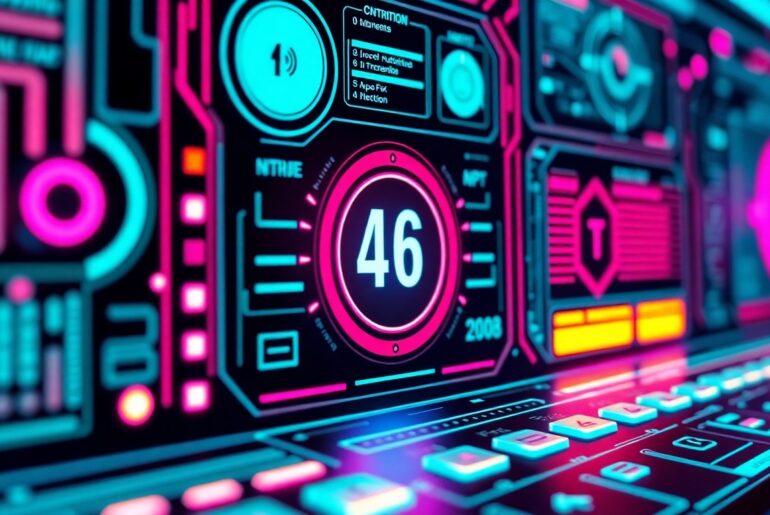 A detailed, glowing 3D illustration of a futuristic digital control panel or interface, featuring various illuminated tech components and elements, conceptually representing the transparency and accountability measures being implemented for AI applications.