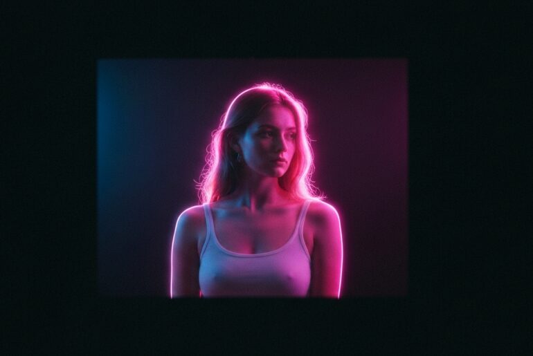 A minimalist illustration in the style of Keith Haring, featuring a glowing neon outline of a woman