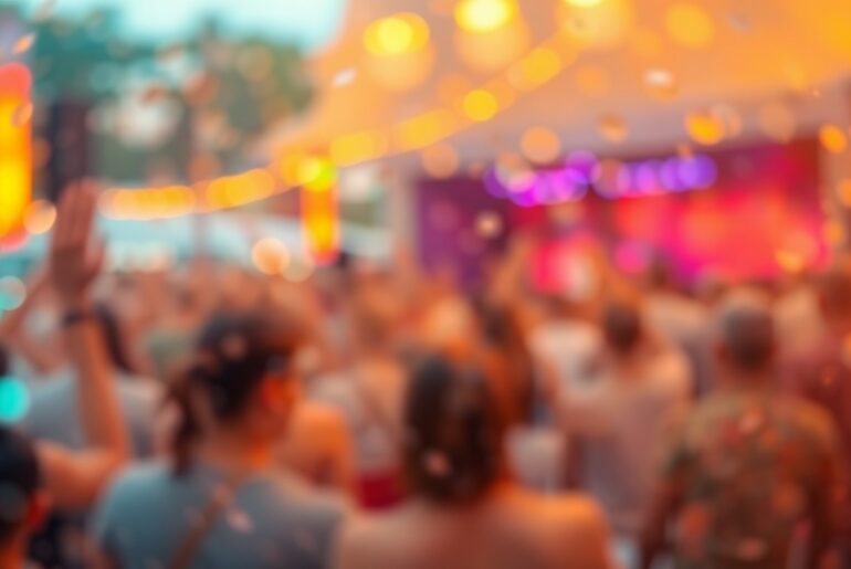 An extremely blurred and abstracted photograph depicting a lively outdoor festival scene, with soft pools of warm, vibrant colors that evoke a sense of community and celebration.
