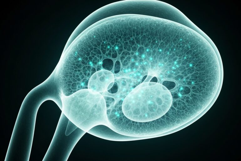 An extreme close-up X-ray photograph revealing the intricate, glowing internal structure of a human lymph node, conceptually illustrating the complex biological mechanisms underlying immune system regulation.