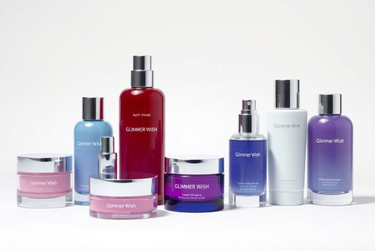 A high-end, photorealistic studio still-life photograph featuring a collection of Glimmer Wish beauty products arranged elegantly on a clean, white seamless background. The products are made from polished, premium materials and geometric shapes, using sharp, dramatic studio lighting and deep shadows to represent the brand