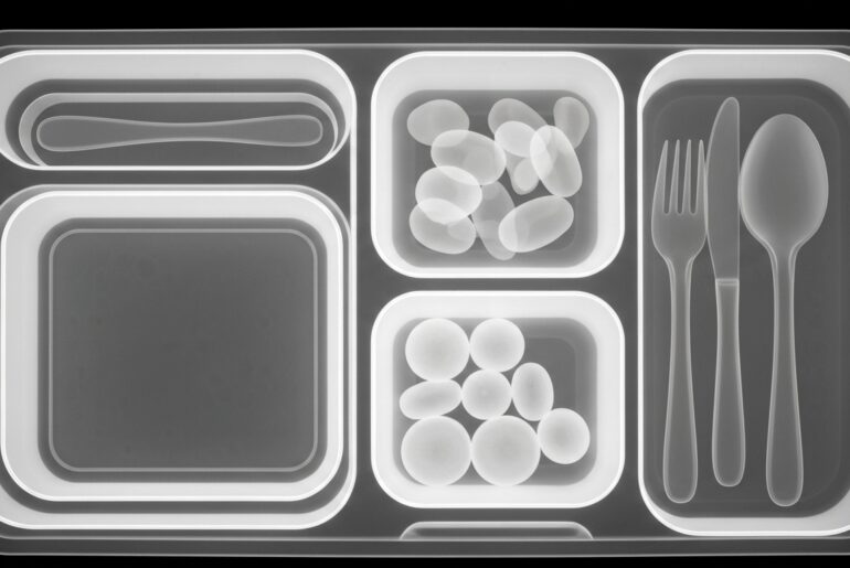 A ghostly, translucent X-ray photograph revealing the internal structure of a meal tray, with glowing lines defining the shapes of the food containers and utensils, conceptually illustrating the nourishing purpose of a senior nutrition program.