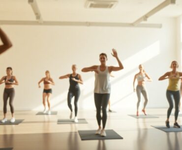 An abstract, out-of-focus photograph depicting silhouettes of people engaged in various fitness activities inside a modern, minimalist studio space, with warm, hazy pools of light and color creating a sense of energy and movement.
