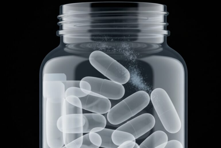 A ghostly, translucent X-ray image revealing the internal structure of a dietary supplement bottle, with the capsules and powder glowing as faint lines against a dark background, conceptually illustrating the hidden allergens that prompted the nationwide recall.