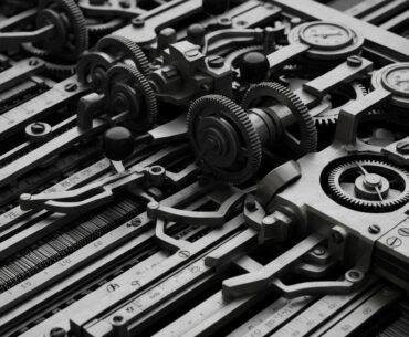 An extreme close-up of the complex inner workings of a financial accounting machine, with intricate gears, levers, and dials in shades of steel gray, copper, and black, conveying the power and precision of financial systems.