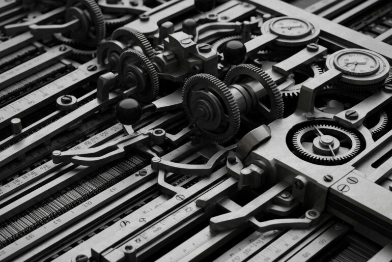 An extreme close-up of the complex inner workings of a financial accounting machine, with intricate gears, levers, and dials in shades of steel gray, copper, and black, conveying the power and precision of financial systems.