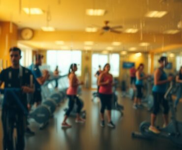 An abstract, impressionistic image of blurred, warm-toned figures exercising in a fitness center, captured through a hazy, rain-streaked lens, conveying the mood and emotion of the story.