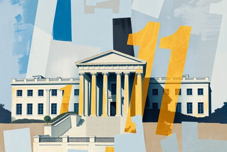 A dynamic, abstract painting featuring overlapping, geometric shapes in shades of blue, grey, and gold, conveying a sense of political upheaval and fragmentation.