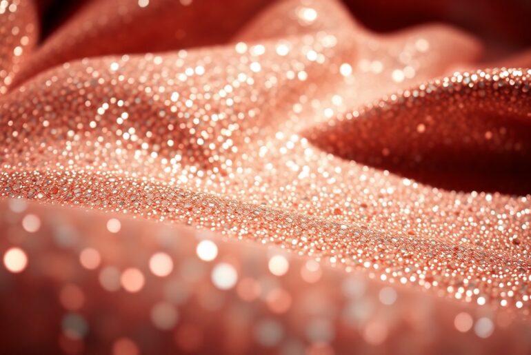 An extreme close-up of shimmering, glittering sequins and velvet textures, captured in dramatic, high-contrast studio lighting, conceptually representing the glamour and luxury associated with celebrity skincare routines.