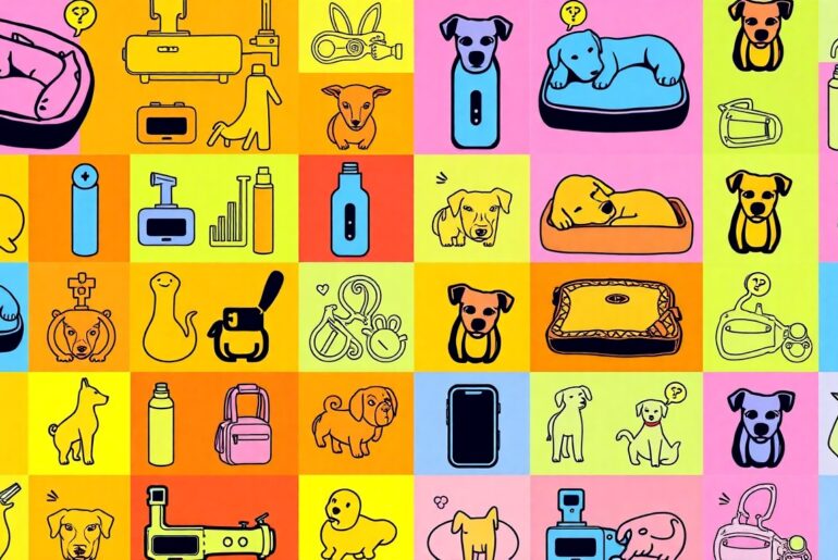A vibrant, high-contrast silkscreen print featuring a repeated image of a luxury pet bed in shades of neon pink, electric blue, and highlighter yellow, conceptually representing the growing trend of lavish pet wellness products.