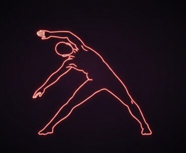 A vibrant, neon outline of a person stretching their arms overhead, the glowing lines defining the shape and movement against a dark, shadowy background, conceptually representing the power of basic, consistent physical activity.