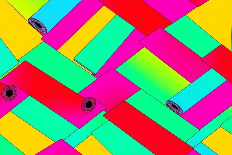 A bold, graphic illustration composed of repeating neon-colored silkscreen images of a yoga mat, conceptually representing the wide range of workout classes and activities available at the District Fit community fitness event.