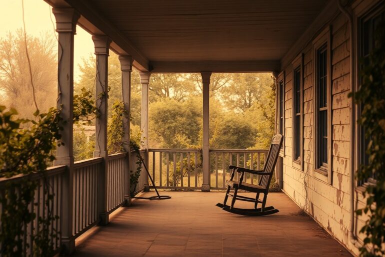An extremely abstracted, out-of-focus photograph in soft, warm tones depicting the porch of an abandoned home, with peeling paint, overgrown vines, and a single rocking chair, conceptually illustrating the haunting beauty and forgotten histories of these neglected dwellings.