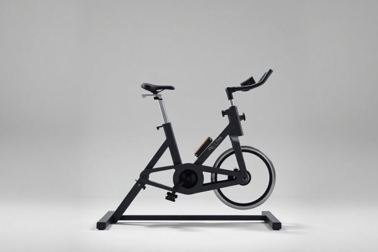 A sleek, modern Peloton exercise bike placed elegantly on a clean, monochromatic background, using dramatic studio lighting and shadows to symbolize the company