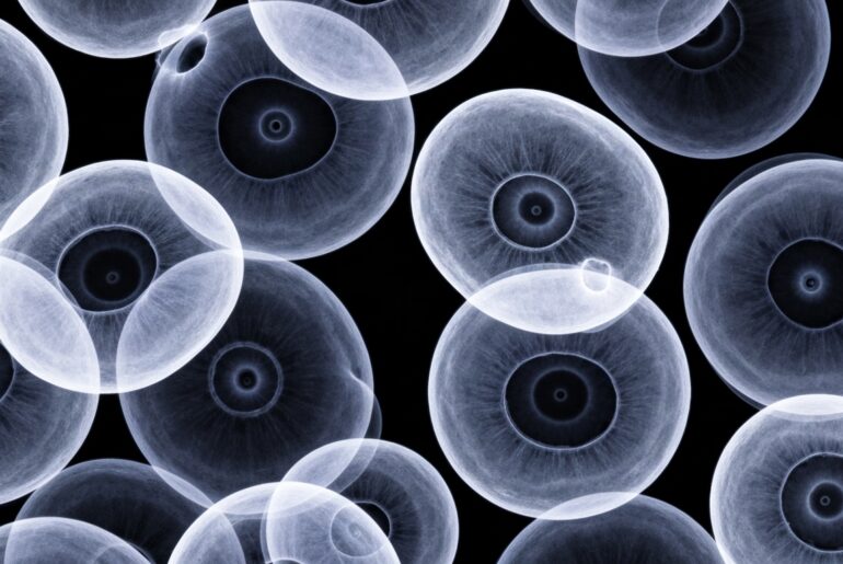 An extreme close-up X-ray image revealing the intricate internal structure of wild blueberries, with their ghostly outlines glowing against a dark background, conceptually representing the hidden health benefits of this superfood.