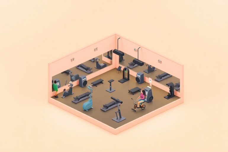 A stylized, isometric 3D illustration of a modern fitness center with various exercise equipment and machines, represented in a clean, minimalist design with bold colors and soft lighting to convey a sense of community wellness and small business growth.
