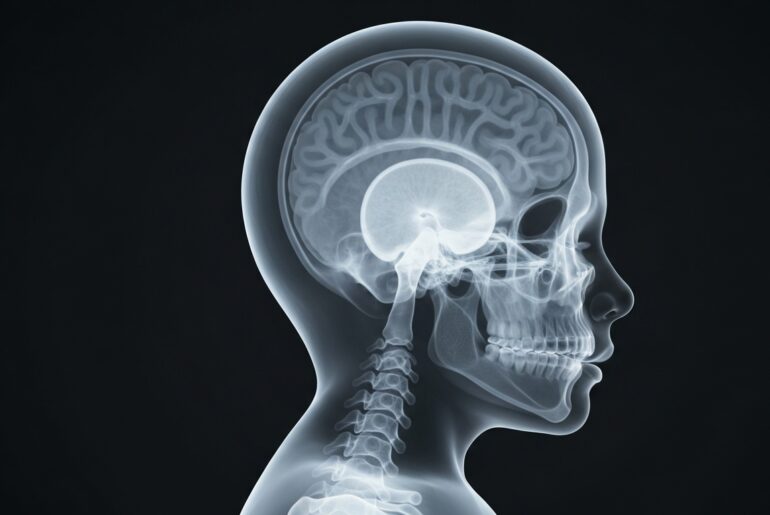 A translucent X-ray photograph revealing the delicate internal structures of a baby