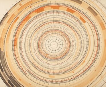 A highly structured abstract painting in soft, earthy tones, featuring sweeping geometric arcs, concentric cellular structures, and precise biological spirals, conceptually representing the complex molecular programming that enables the immune system