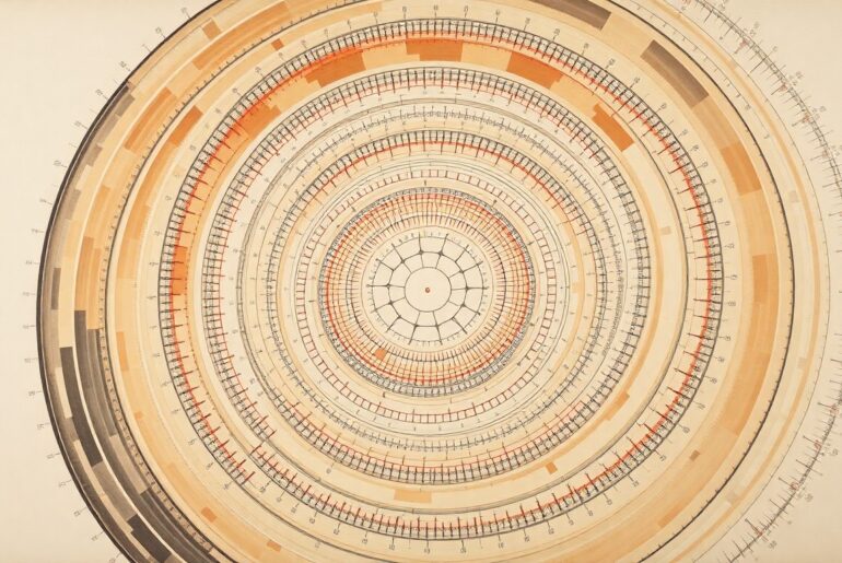 A highly structured abstract painting in soft, earthy tones, featuring sweeping geometric arcs, concentric cellular structures, and precise biological spirals, conceptually representing the complex molecular programming that enables the immune system