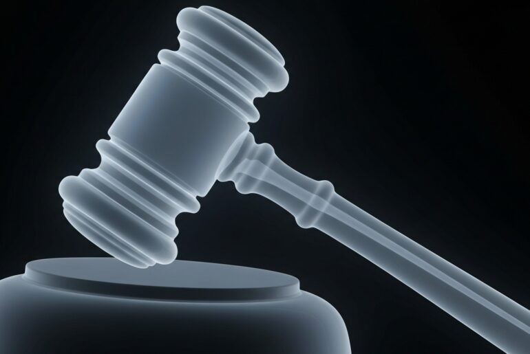 An extreme close-up of a translucent X-ray image revealing the intricate internal structure of a gavel or other legal instrument, conceptually representing the clinical and analytical nature of Tarantino