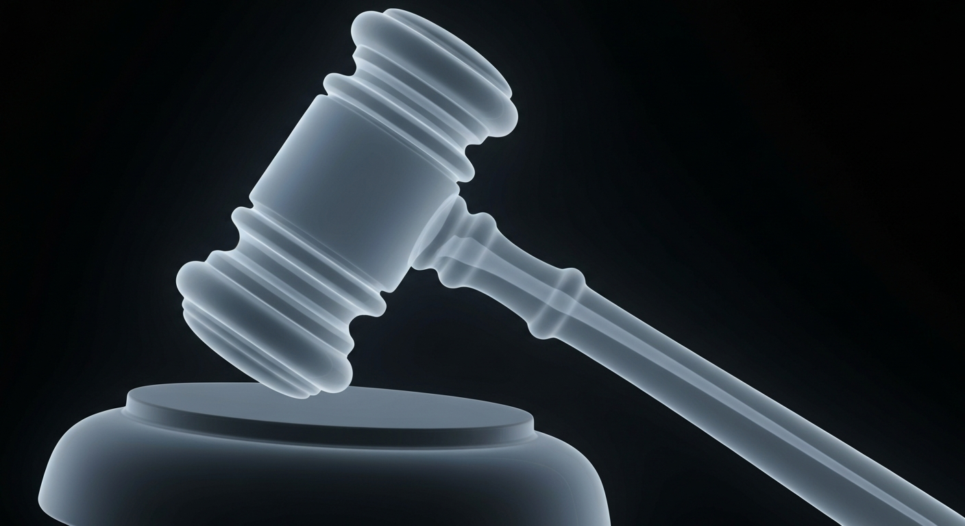 An extreme close-up of a translucent X-ray image revealing the intricate internal structure of a gavel or other legal instrument, conceptually representing the clinical and analytical nature of Tarantino