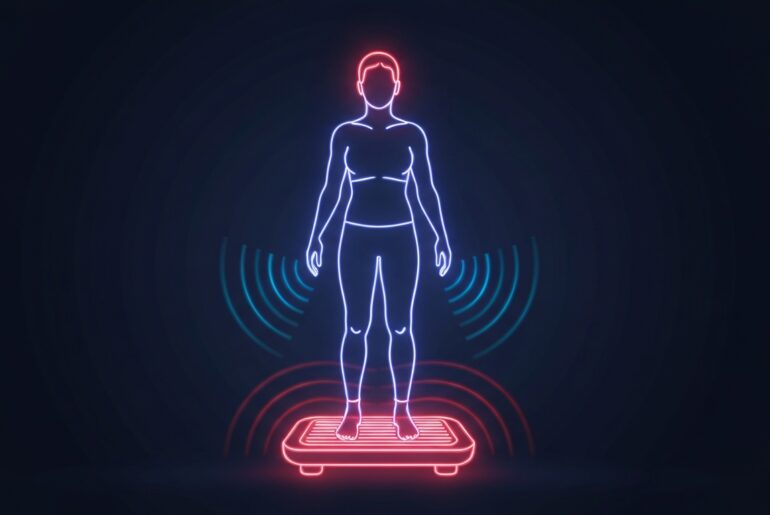 A glowing, neon outline of a person standing on a vibration plate, with the neon lines pulsing and vibrating to capture the energy and movement of the device, conceptually illustrating the role of vibration plates in a wellness routine.