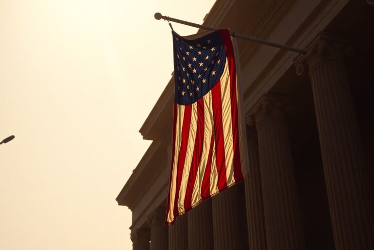 A cinematic painting of an American flag hanging from a government building, the fabric illuminated by warm, diagonal sunlight and deep shadows, conveying a sense of political unease and instability.