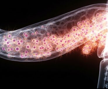 An ethereal, ghostly X-ray image showing the complex internal structures of a pancreatic tumor, with intricate networks of glowing lines representing the dynamic interactions between cancer cells and immune cells.