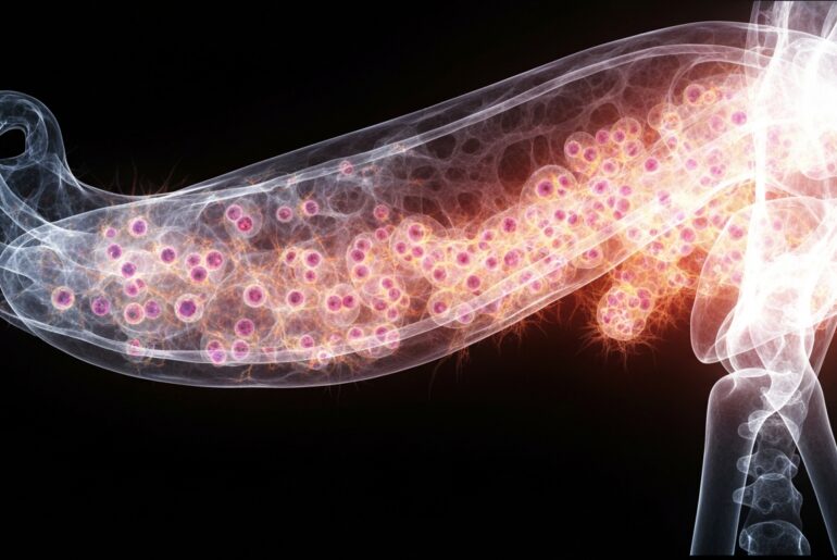 An ethereal, ghostly X-ray image showing the complex internal structures of a pancreatic tumor, with intricate networks of glowing lines representing the dynamic interactions between cancer cells and immune cells.