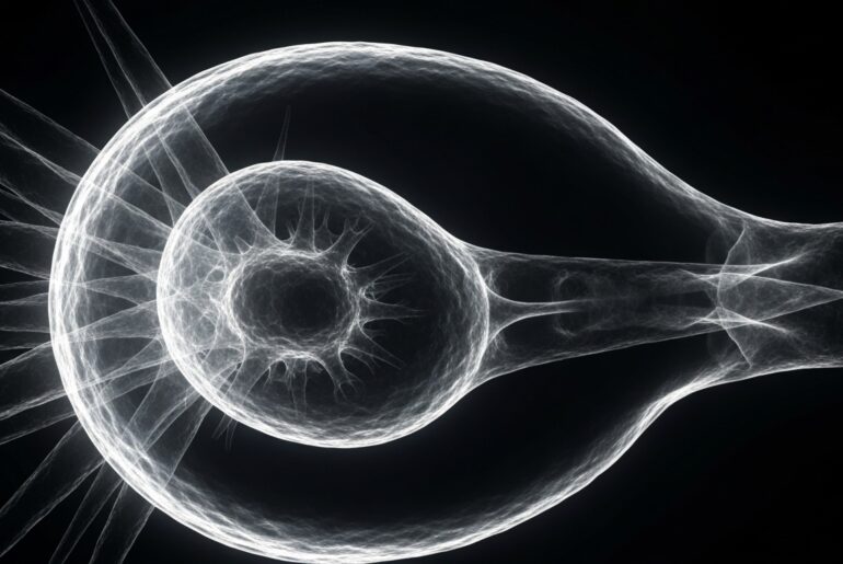 An extreme close-up, translucent X-ray photograph showing the internal structure of a tuberculosis bacterium as a glowing, ghostly outline against a dark background, conceptually illustrating the bacteria