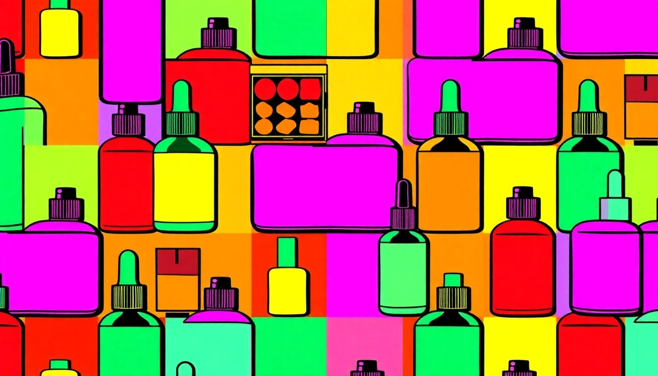 A high-contrast, silkscreen-style illustration featuring a grid of various beauty and wellness products, including a face serum, makeup palette, and supplement bottle, rendered in a bold, neon color palette with heavy black outlines, conceptually representing the curated selection of self-care items highlighted in the story.