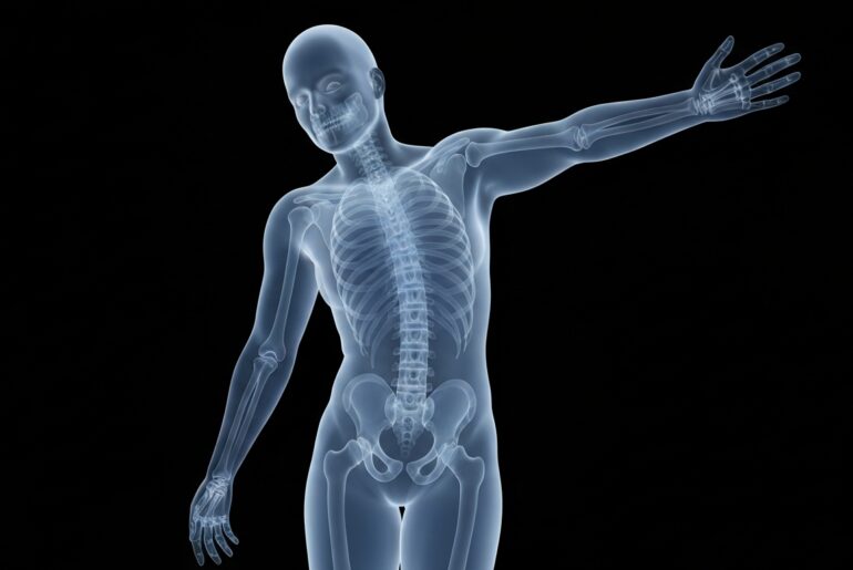 An extreme close-up X-ray photograph showing the ghostly, glowing skeletal structure of a person engaged in physical activity, conceptually representing the internal improvements to strength and mobility achieved through a specialized wellness program.