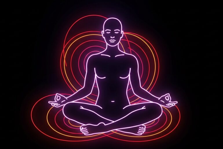 A glowing neon outline of a person in a meditative pose, surrounded by swirling neon lines representing energy flow, conceptually illustrating the holistic health focus of the Topeka expo.