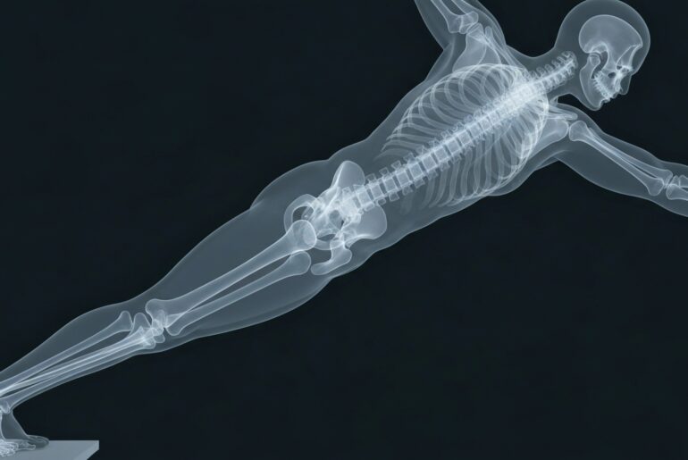 An extreme close-up X-ray photograph showing the glowing skeletal structure of a person engaged in physical rehabilitation exercises, conceptually illustrating the internal process of rebuilding strength and mobility.