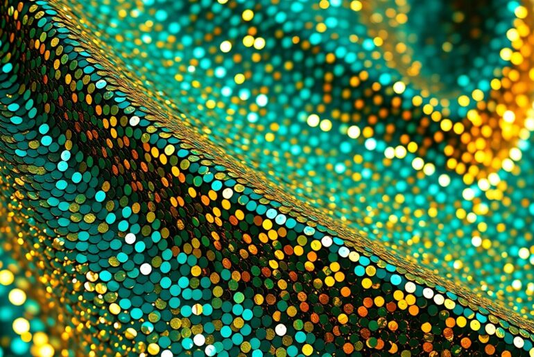 An extreme close-up photograph of a shimmering, iridescent fabric in shades of teal and gold, capturing the glamour and energy of a music festival through abstract texture and light.