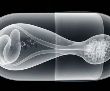 A ghostly, translucent X-ray image of a brain supplement capsule, revealing its internal structure and components in glowing lines against a dark background, conceptually illustrating the supplement