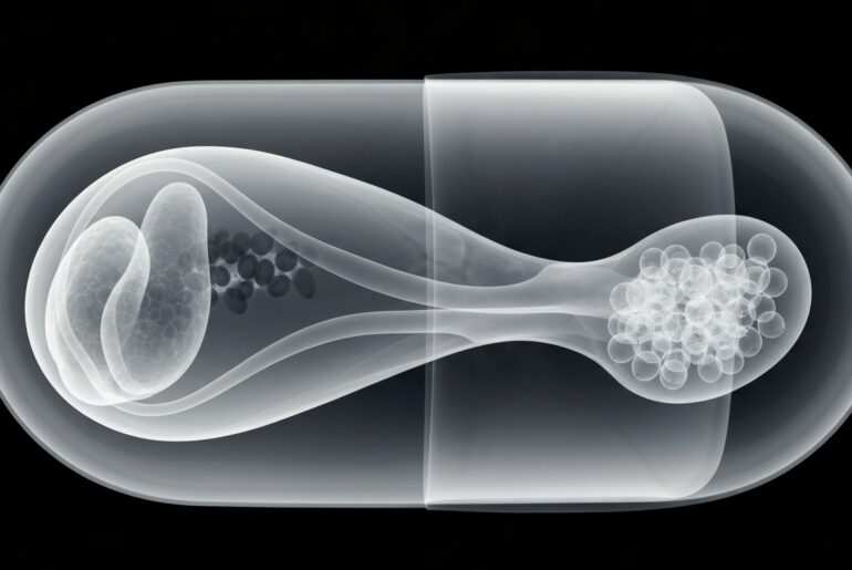 A ghostly, translucent X-ray image of a brain supplement capsule, revealing its internal structure and components in glowing lines against a dark background, conceptually illustrating the supplement