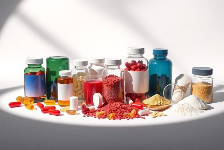 A high-end, photorealistic studio still-life photograph featuring a collection of premium, polished vitamin and supplement bottles, capsules, and powders arranged elegantly on a clean, monochromatic background, conceptually representing the abstract trends and investment activity in the VMS industry.