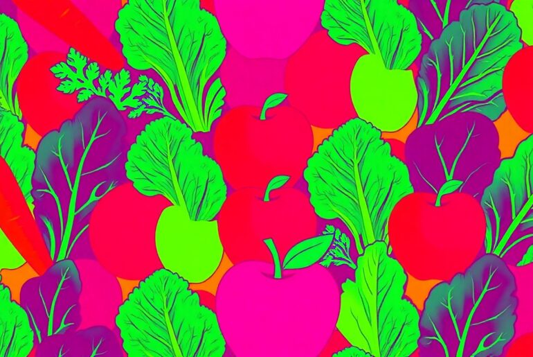 A high-contrast, silkscreen-style grid of a single healthy food item, such as a carrot or apple, rendered in a bold, neon color palette that transforms the everyday into modern pop art.