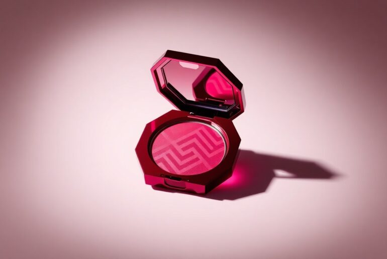 A high-end, photorealistic studio still-life photograph featuring a polished, geometric makeup compact in a rich, jewel-toned color floating on a clean, monochromatic seamless background. The compact is lit dramatically with sharp shadows, conceptually representing the premium quality and strategic positioning of Ulta Beauty