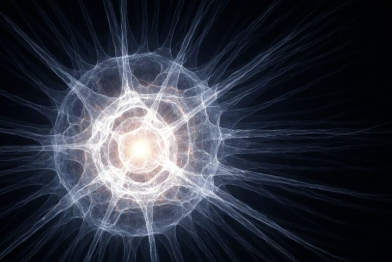 A translucent, ghostly X-ray image showing the intricate internal structures of a human cell, conceptually illustrating how the body