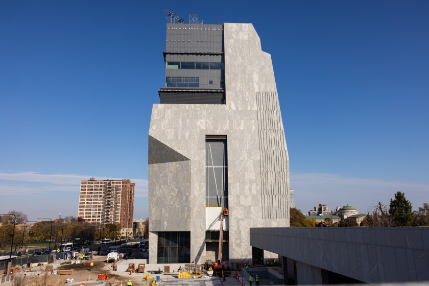 The Obama Presidential Center is under construction in the historic Jackson Park neighborhood on the South Side, Wednesday, Nov. 5, 2025. The centerpiece is the museum building, clad in light-colored, New Hampshire granite.