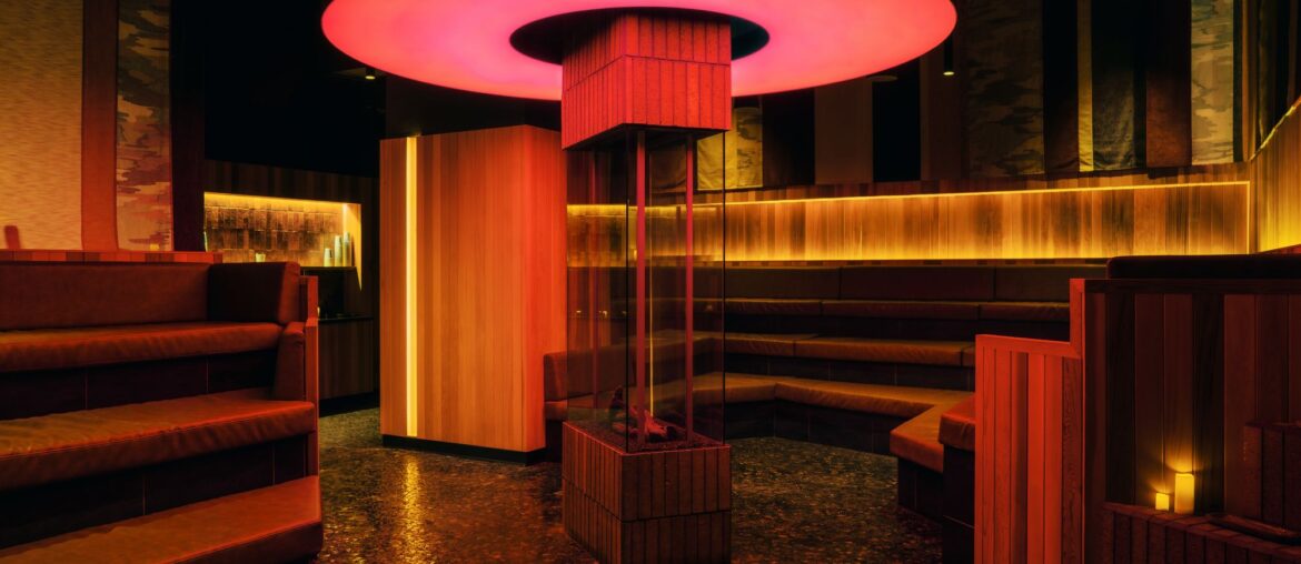 Othership has a futuristic common space for guests to socialize in before the classes begin