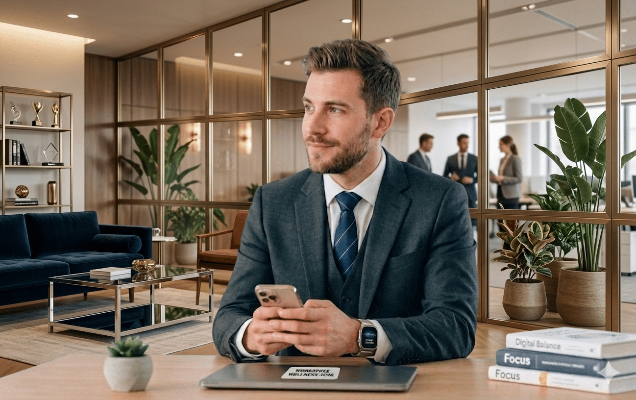 Digital wellness apps on smartphone with calming visuals promoting corporate self-care routines