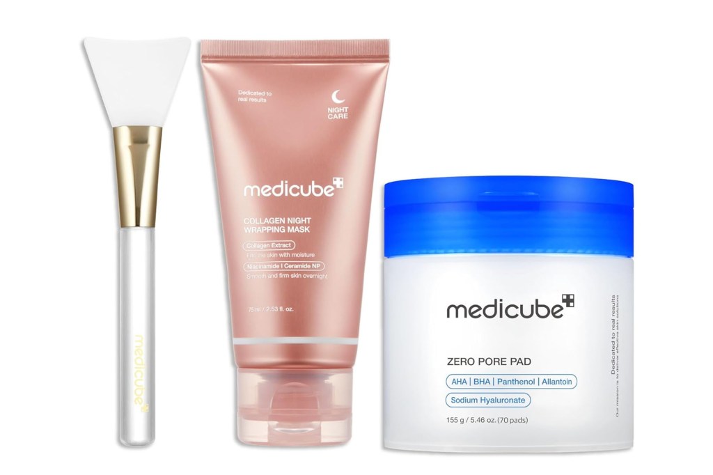 Medicube skincare set including a Collagen Night Wrapping Mask, Zero Pore Pad, and a face mask applicator brush.