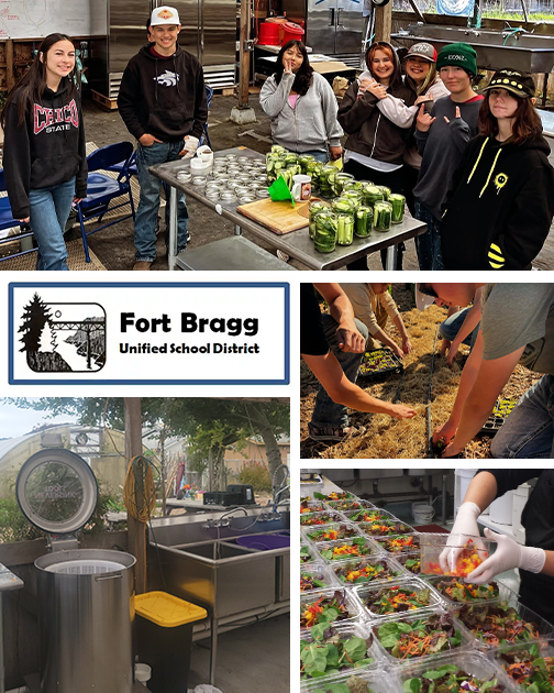 Collage of photos highlighting students, facilities and school meals benefitting from farm to school programming at Fort Bragg Unified School Distric.