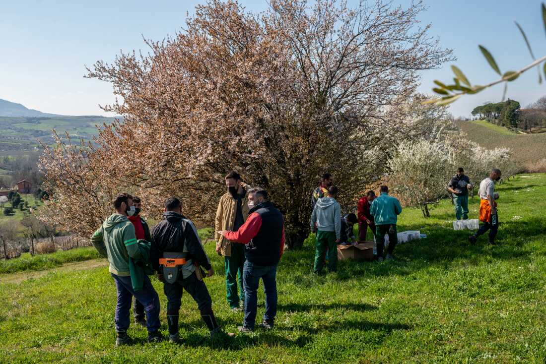 Roberto Dragoni, the chief agronomist of San Patrignano, talks with some of the young men in rehabilitation in the vineyards and winemaking sector during a lunch break on March 10, 2021 in Coriano, Italy.