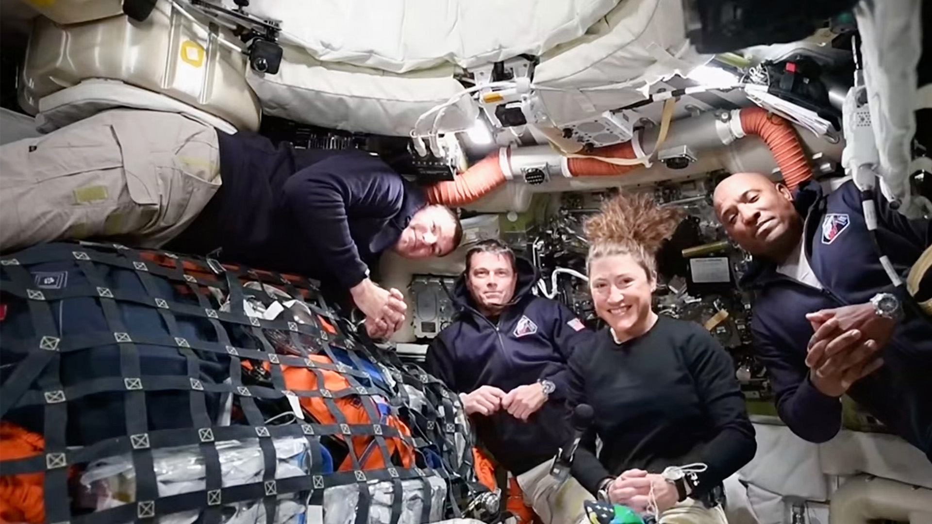 This image taken from video provided by NASA shows the Artemis II crew, from left, Canadien astronaut and mission specialist Jeremy Hansen, Commander Reid Wiseman, mission specialist Christina Koch and pilot Victor Glover on April 2, 2026.
