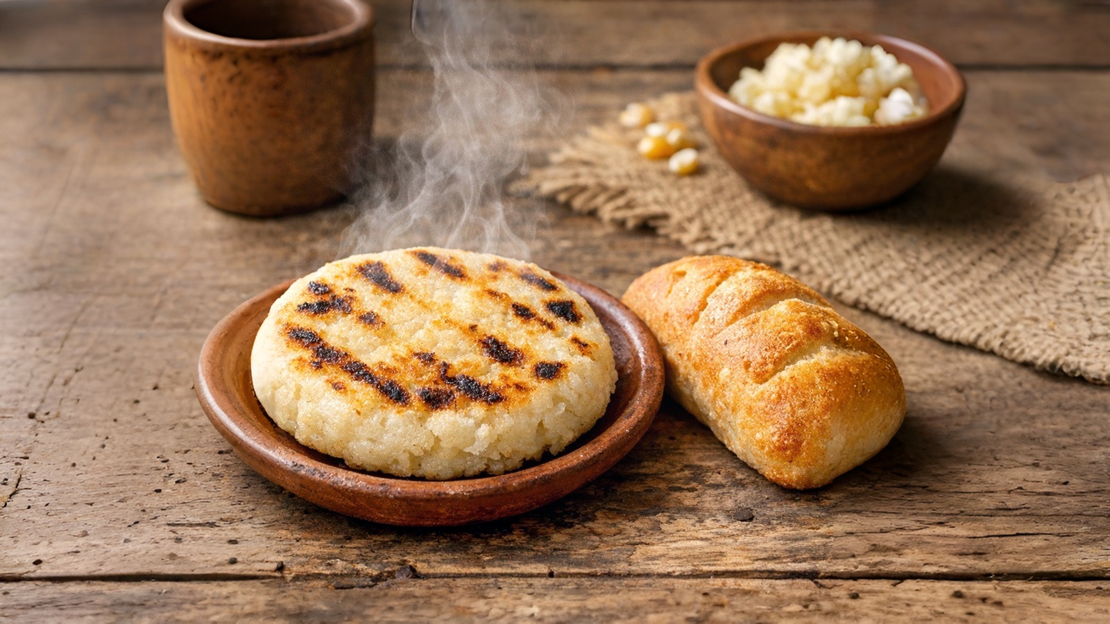Steaming Colombian arepa and a piece of bread on a rustic wooden table, illustrating staple foods targeted by mandatory fortification in Colombia.