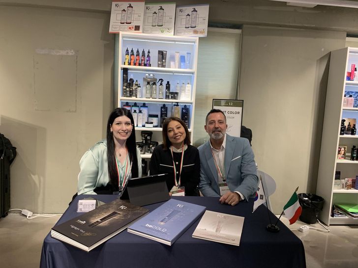 Anna Rita Sollazzo, center, CEO of Italian haircare brand Right Color, sits alongside co-founder Domenico Di Terlizzi, right, and sales representative Martina Glusto during Italian Beauty Days 2026 at High Street Italia in Sinsa-dong, Gangnam District, Seoul, April 20. Korea Times photo by Anna J. Park. 